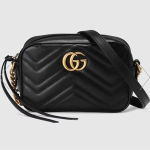 GUCCI Calfskin Matelasse Mini GG Marmont Chain Shoulder Bag Black